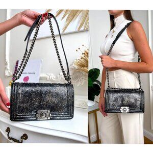 Authentic Chanel Old Boy Medium Crystal Glitter PatentLeather Shoulder BagB0804